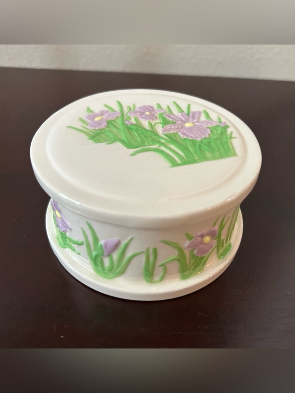 Hand Painted Porcelain Purple Floral Circular Jewelry Container Dish with Lid